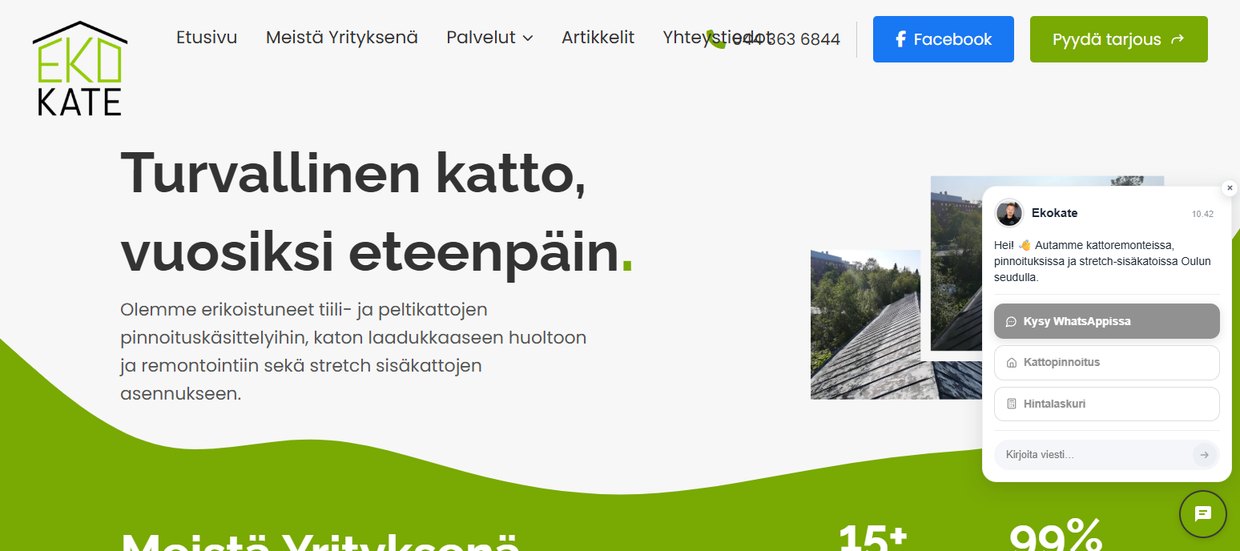 Ekokaten sivulla chatissa on hintalaskuri ja WhatsApp-yhteys
