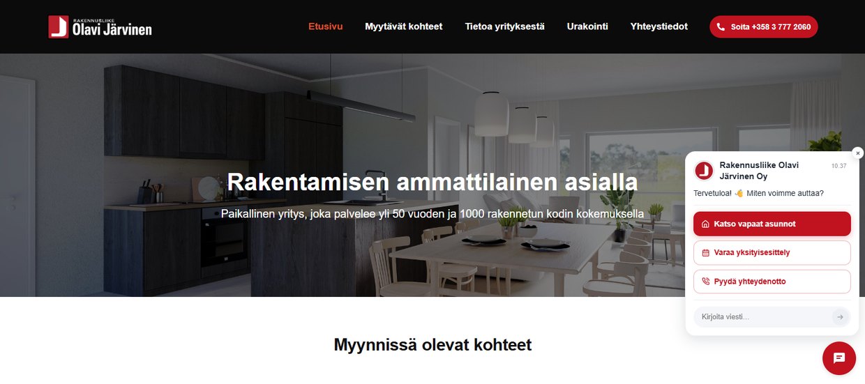 Rakennusliike Olavi Järvisen sivulla VirtuaaliApuri esittelee myynnissä olevat kohteet