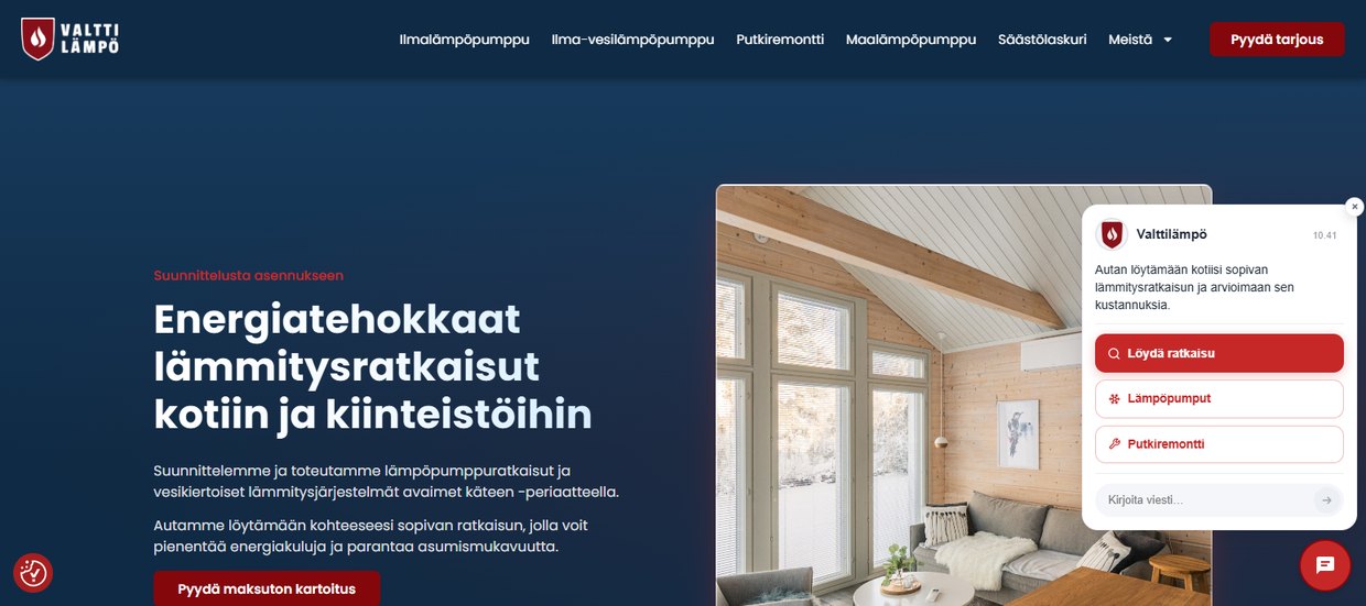 Valttilämmön sivulla chat auttaa löytämään kotiin sopivan lämmitysratkaisun