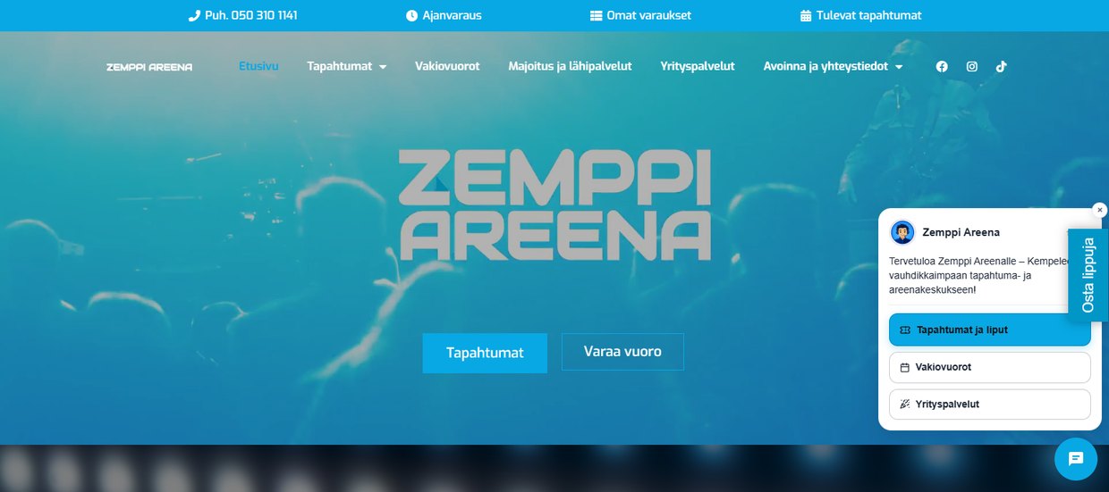 Zemppi Areenan verkkosivusto, jossa VirtuaaliApuri-chatbot ohjaa tapahtumiin ja vuorovarauksiin