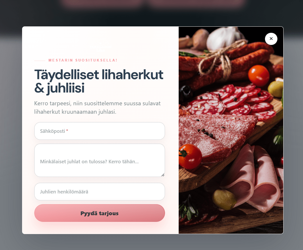 Pop-up verkkosivulla: otsikko, kuva ja lyhyt yhteydenottolomake