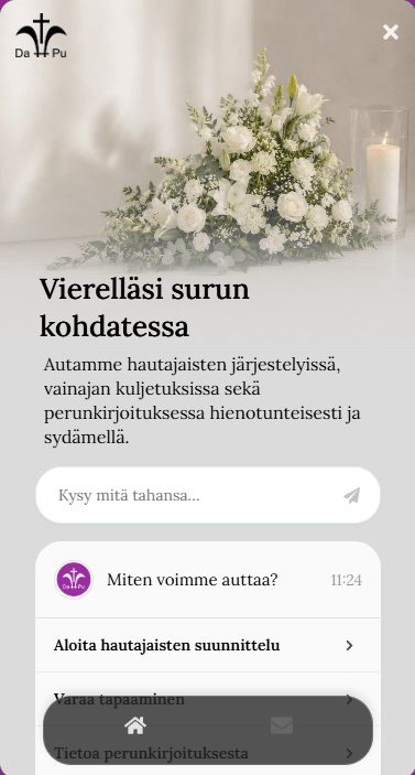 Hautaustoimiston VirtuaaliApuri puhelimen ruudulla