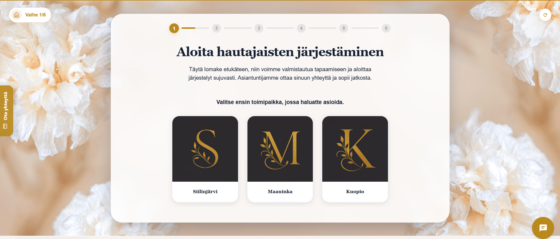 Hautaustoimiston sivusto, jossa VirtuaaliApuri kysyy toimipisteen hautajaisten järjestämistä varten