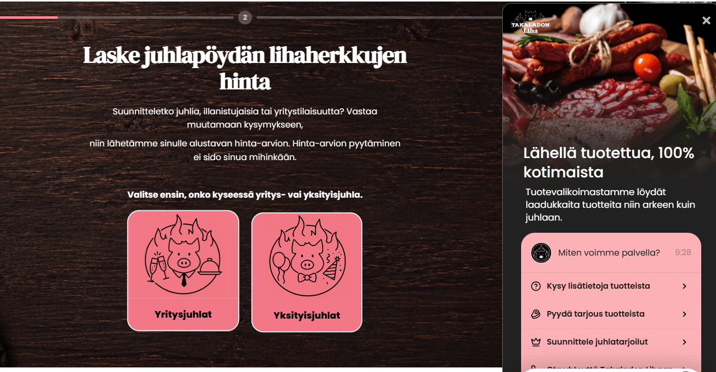 Lihakaupan sivusto, jossa hintalaskuri ja pop-up keräävät yhteydenottoja