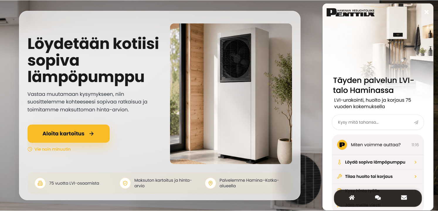 LVI-yrityksen sivusto, jossa lomake ja mobiilichat auttavat valitsemaan lämpöpumpun